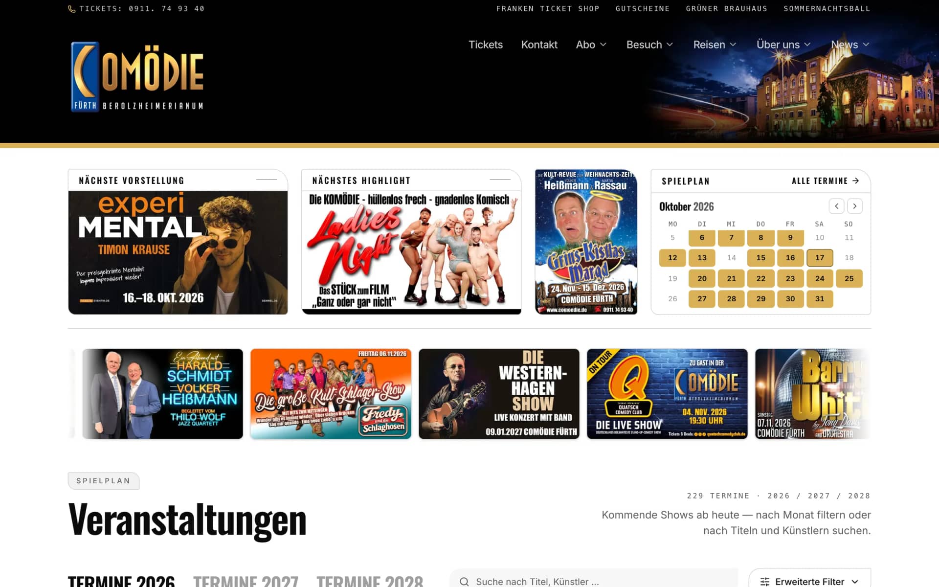Startseite der neuen Website der Comödie Fürth