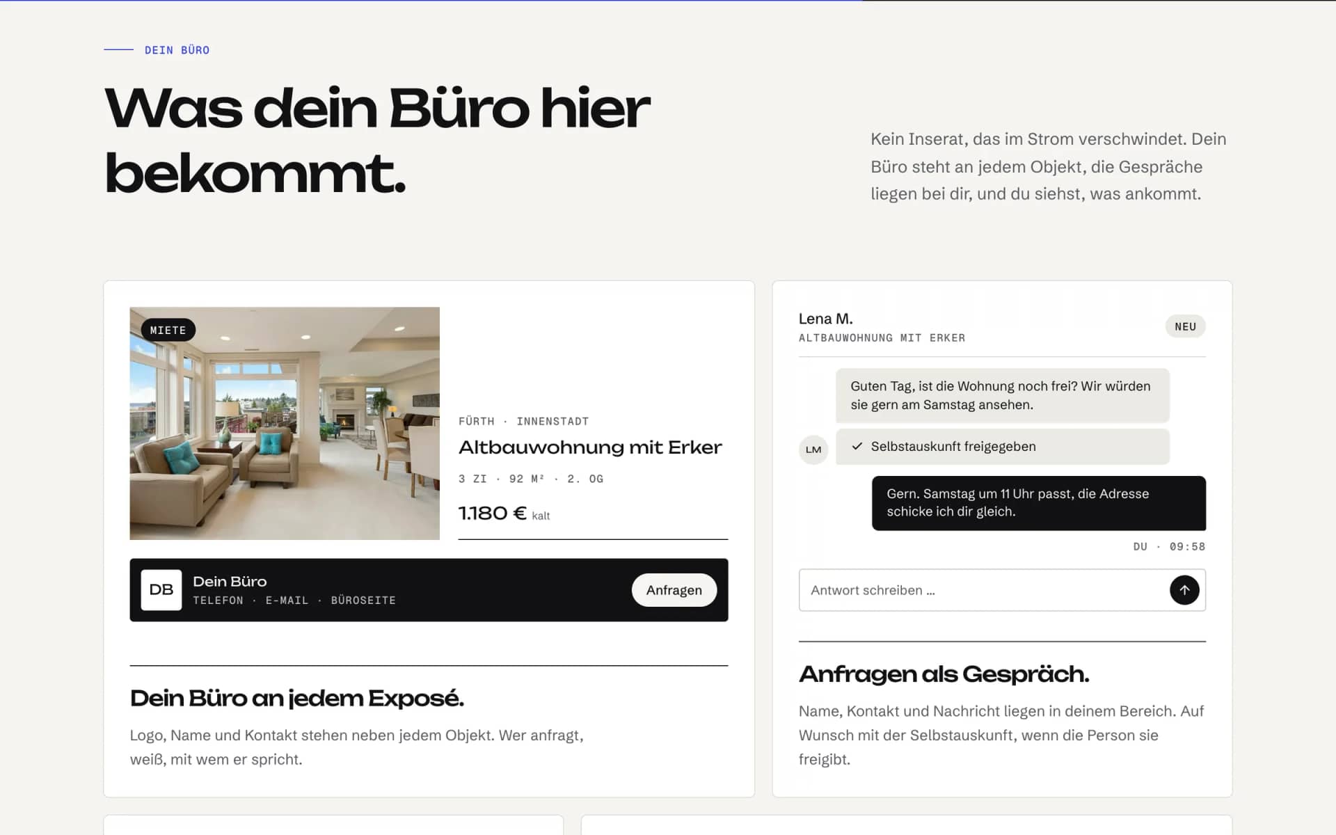 Exposé mit Maklerbüro und Anfrage als Gespräch auf Frankenquartier