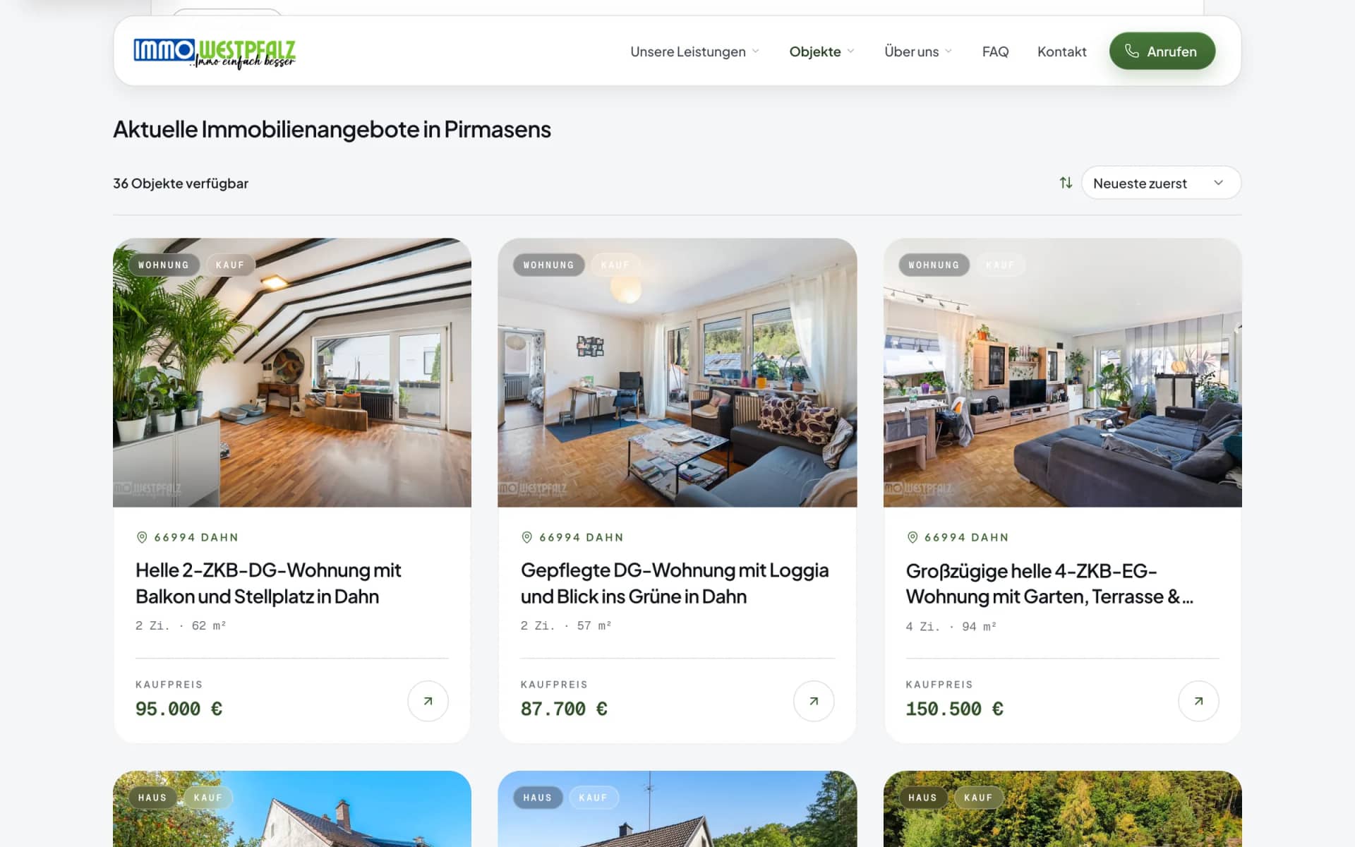 Immobilienangebote auf der Website von Immowestpfalz