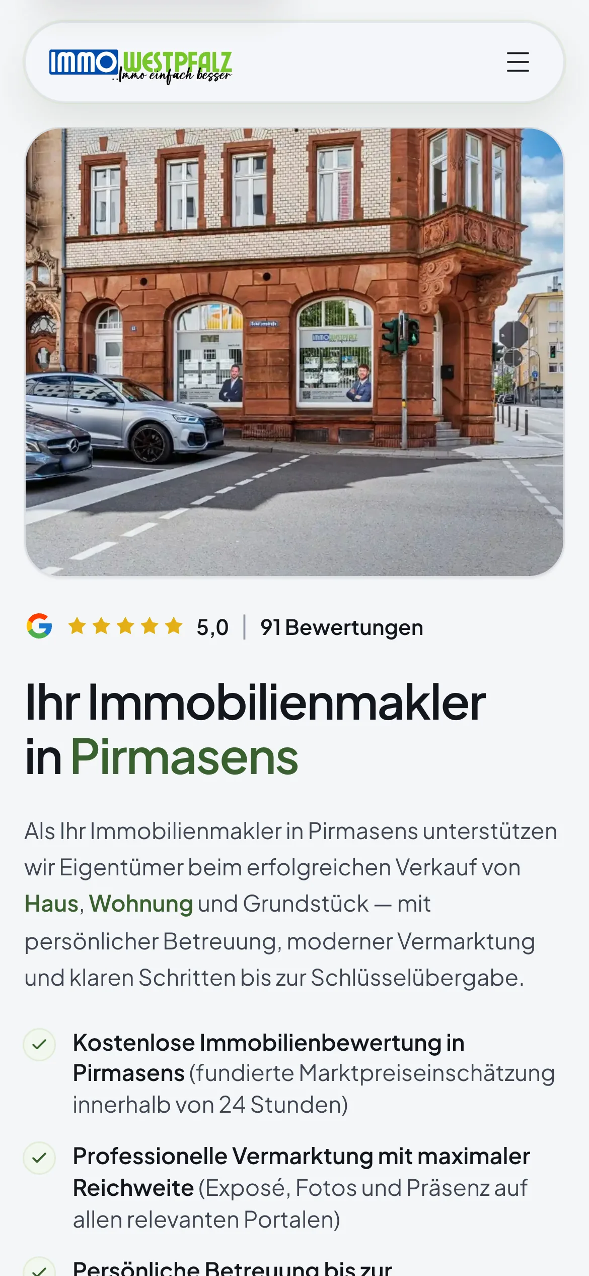Website von Immowestpfalz auf dem Smartphone