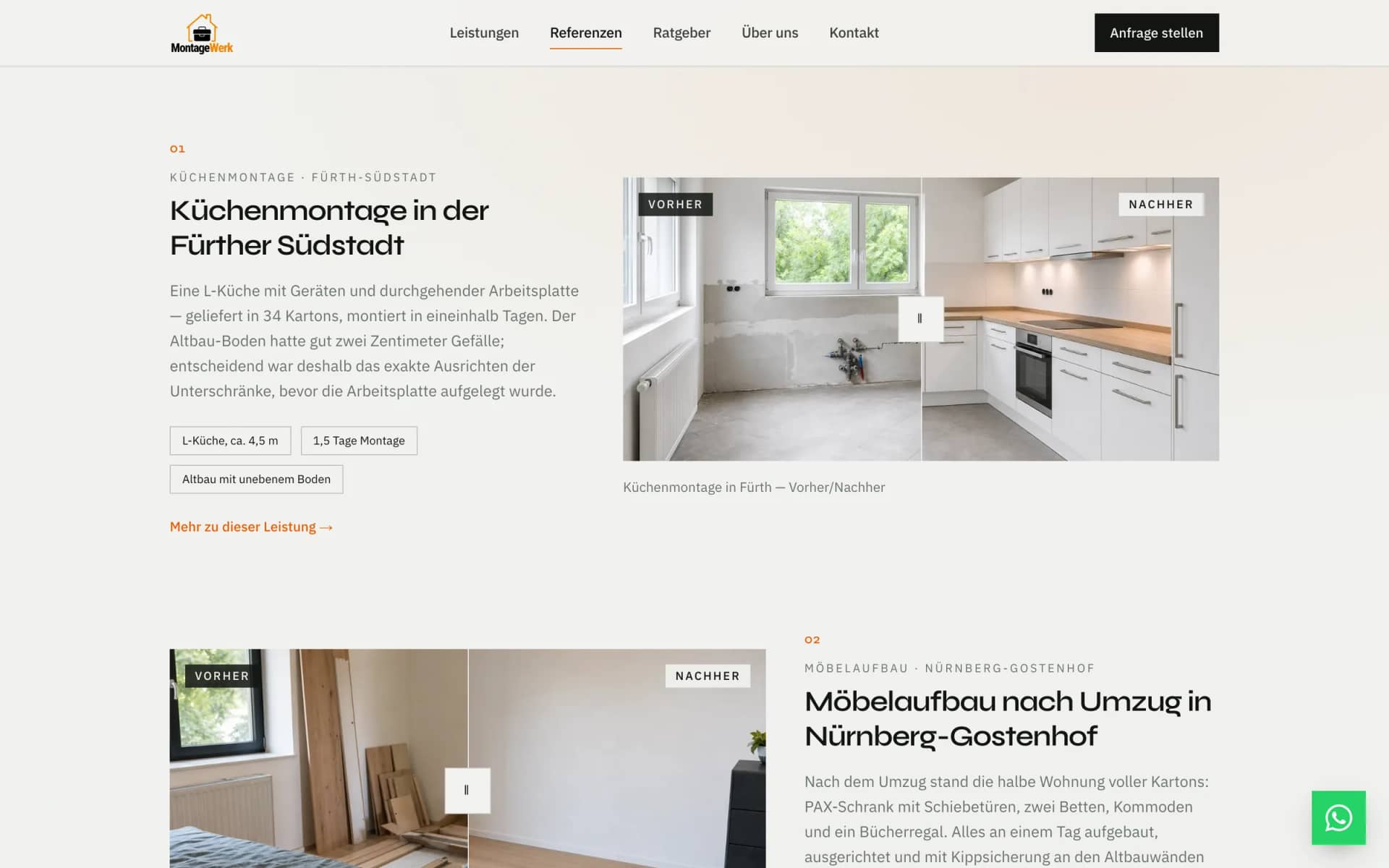 Vorher-Nachher-Bilder auf der Montagewerk-Website