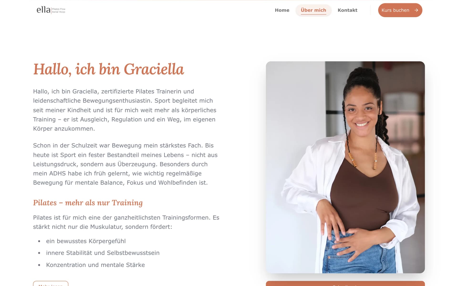 Über-mich-Seite von Trainerin Graciella auf der Website von Ella Pilates