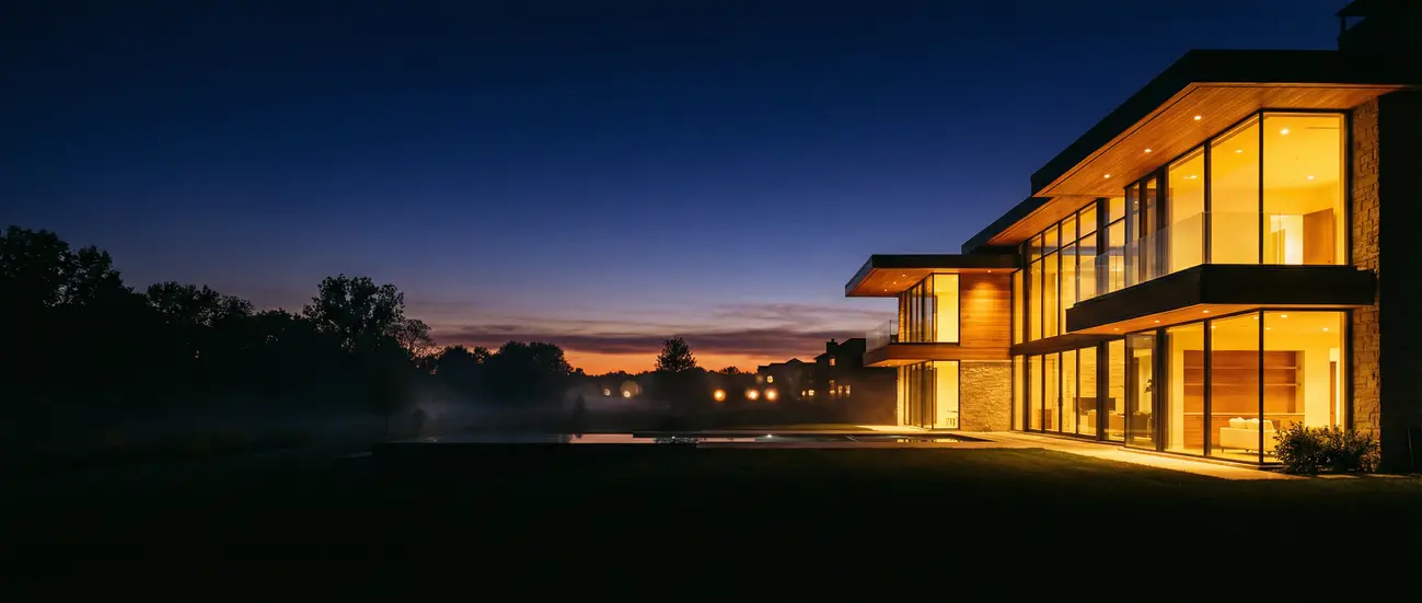 Moderne Luxusimmobilie bei Dämmerung