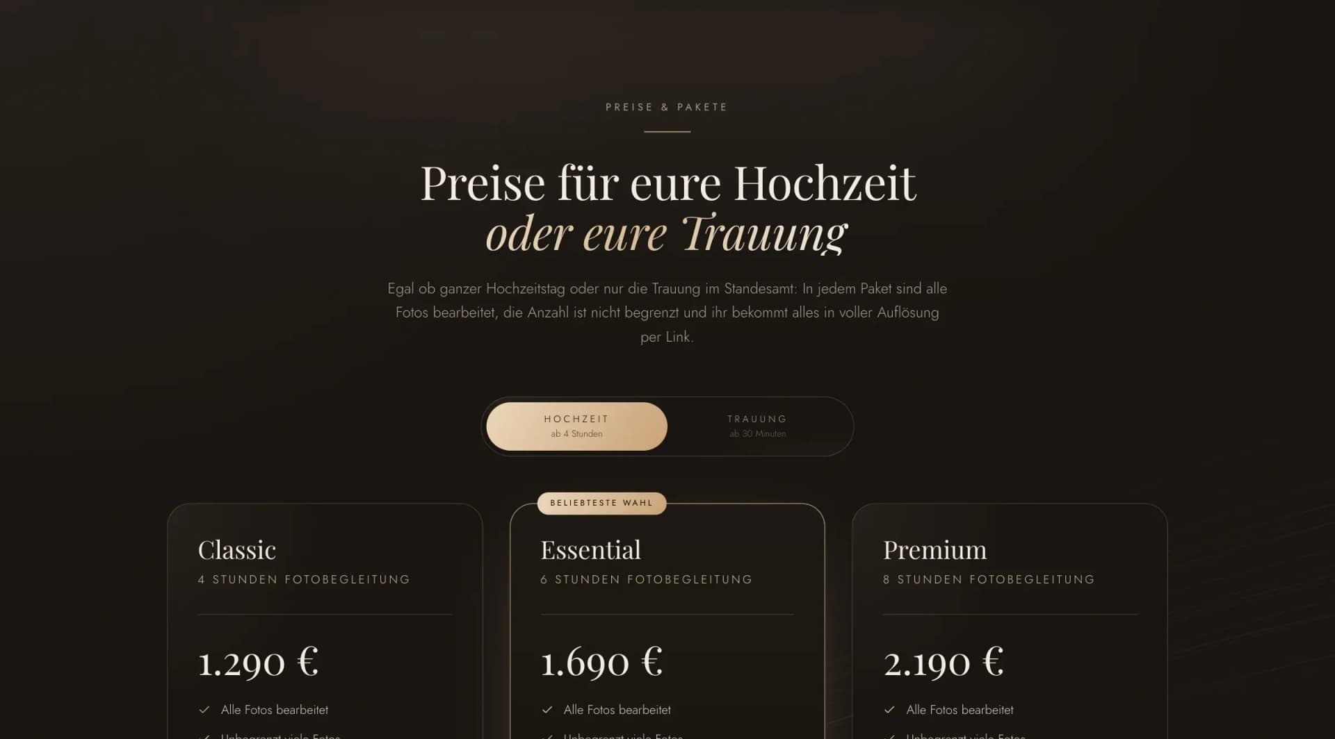 Preise und Pakete mit Umschalter zwischen Hochzeit und Trauung auf der Website von Anthony Pictrs