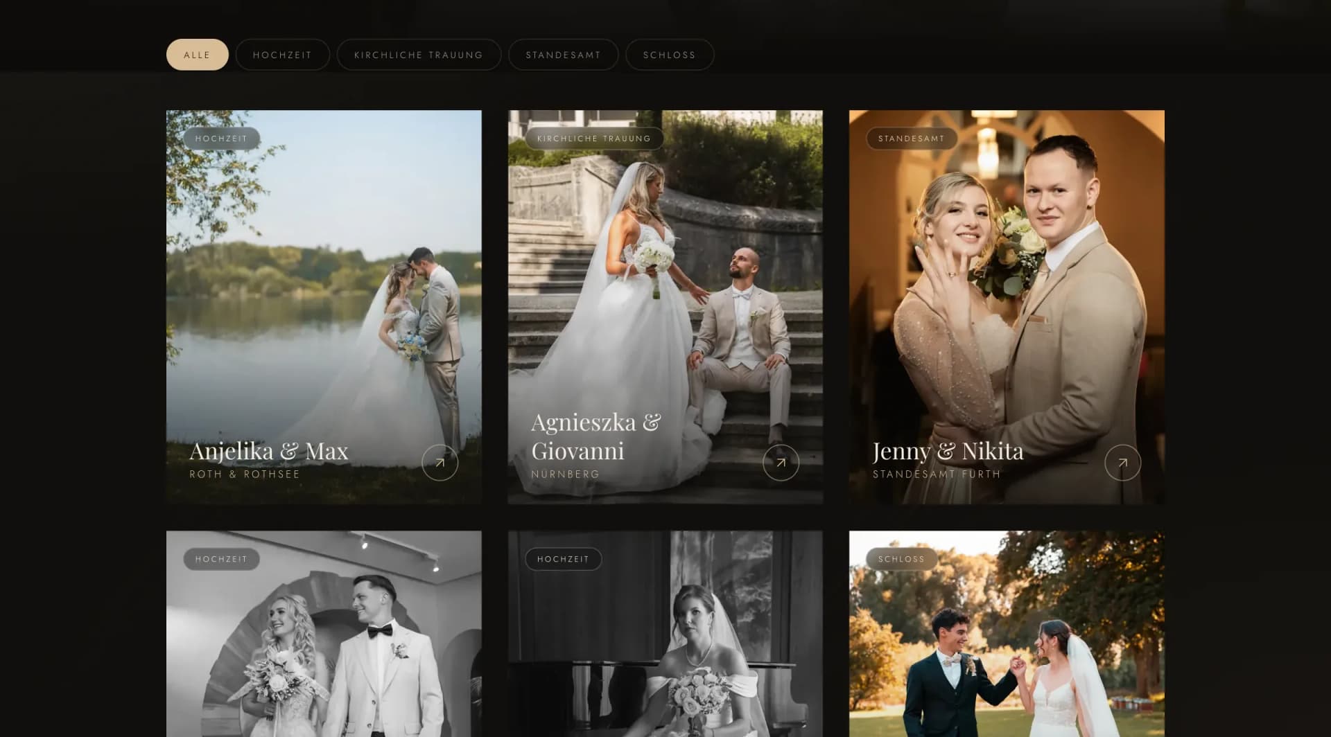Portfolio mit Filter und Albumkacheln auf der Website von Anthony Pictrs