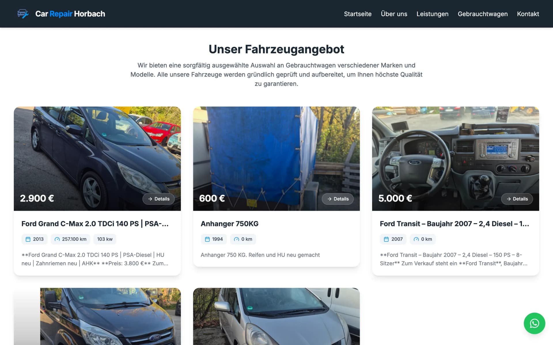 Gebrauchtwagen-Angebot auf der Website von Car Repair Horbach