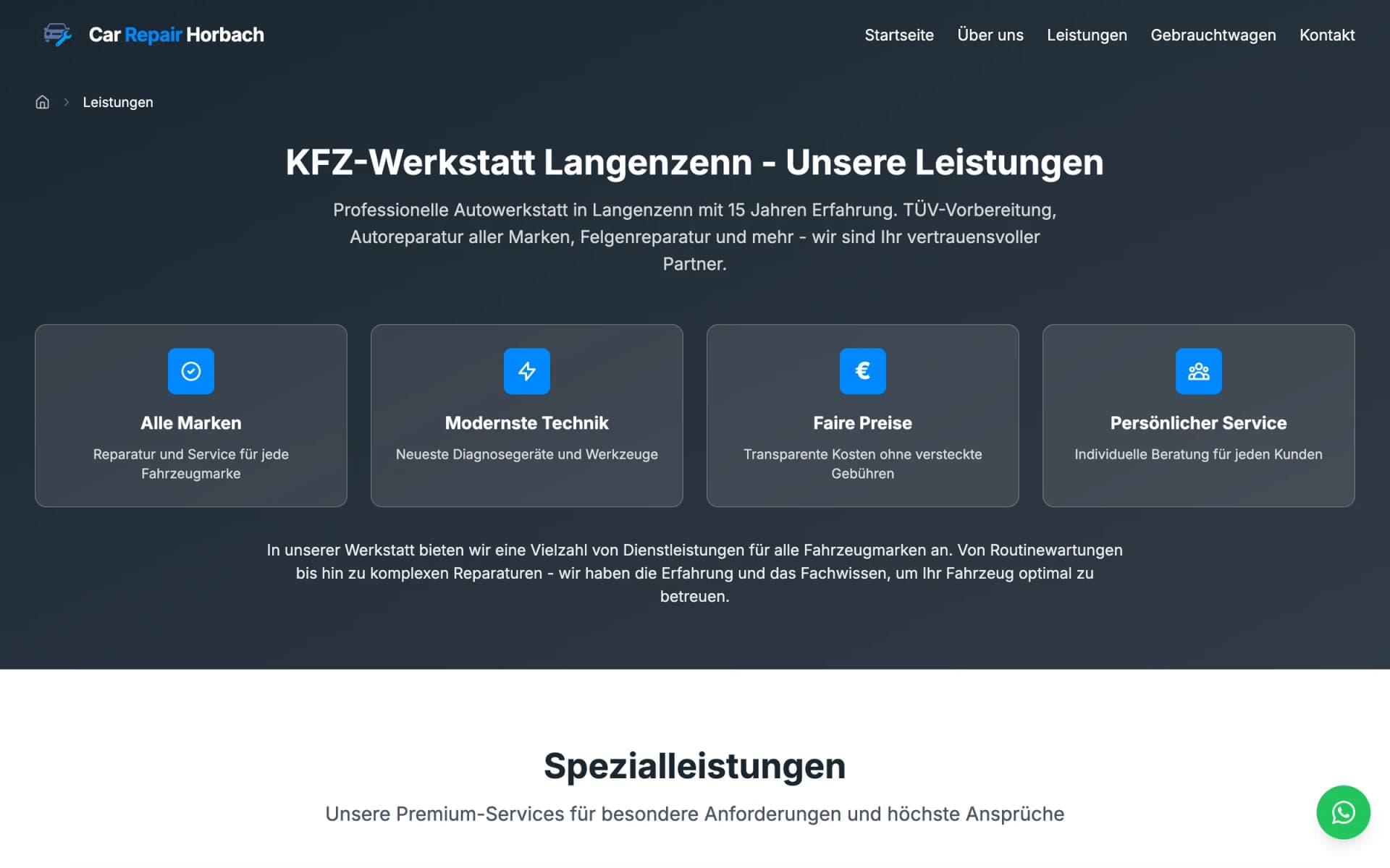 Leistungsseite der Website von Car Repair Horbach