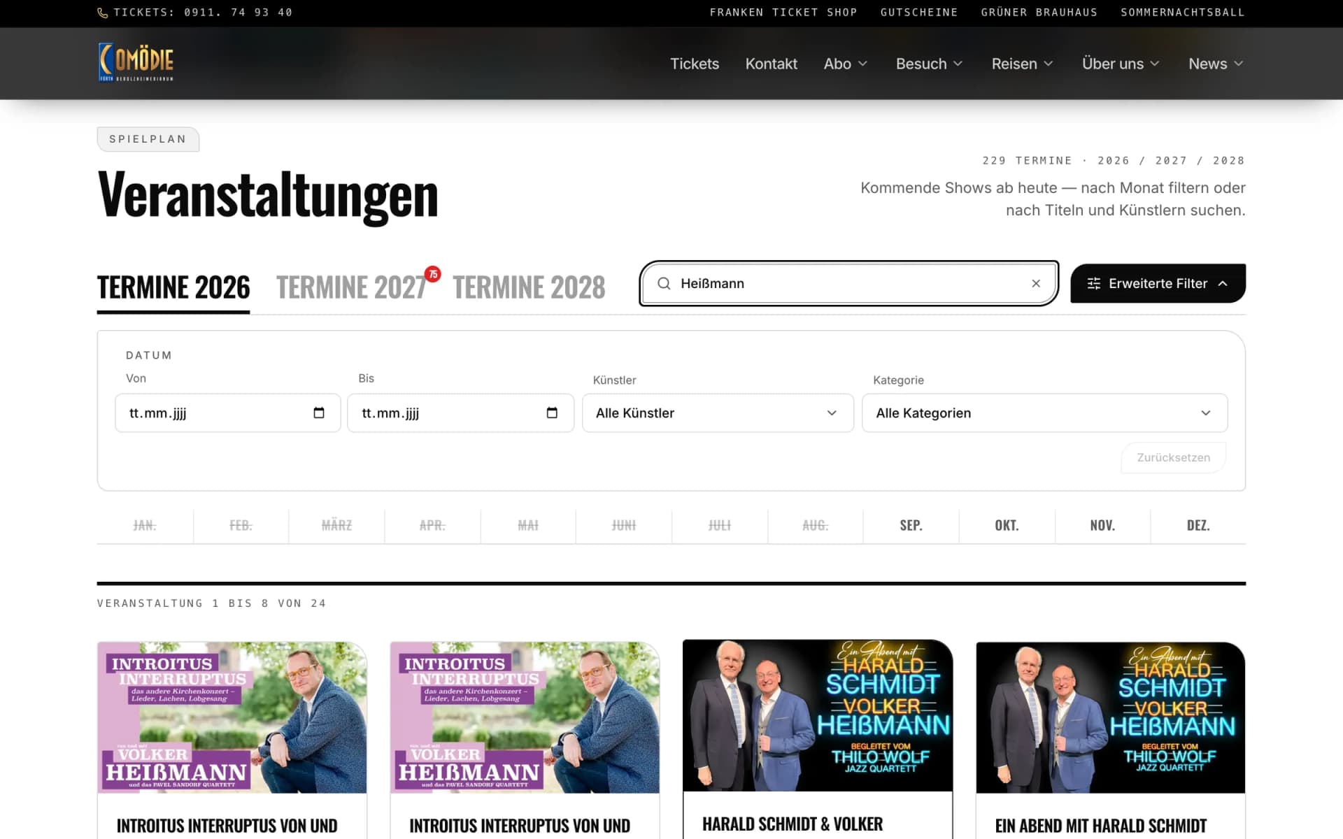 Veranstaltungskalender mit Filter und Suche auf der Website der Comödie Fürth