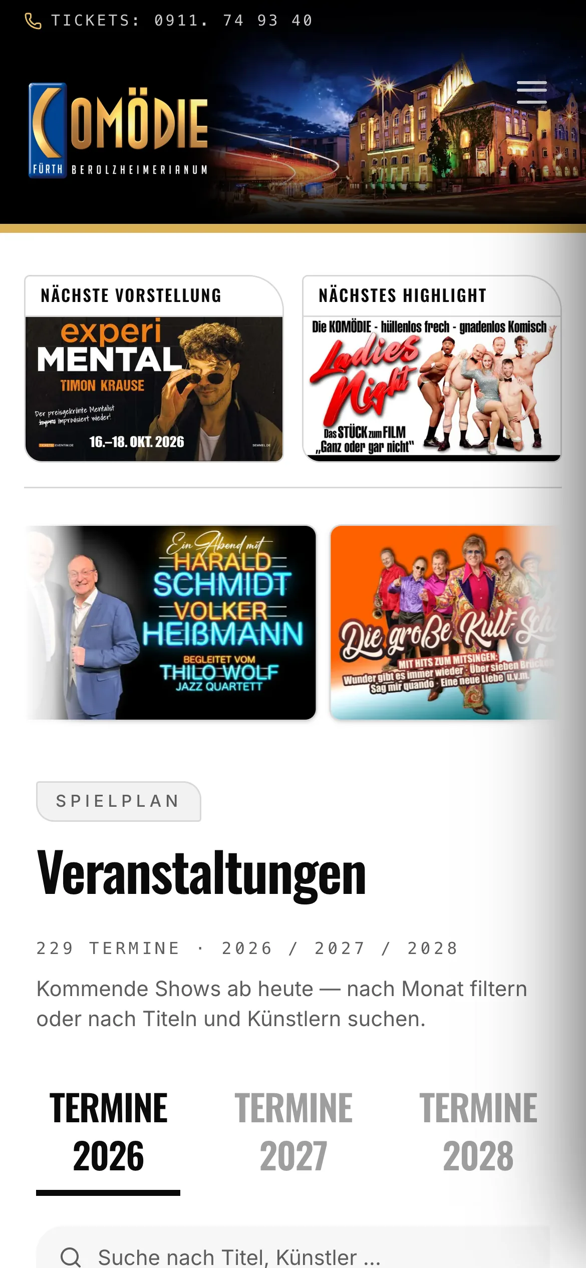 Website der Comödie Fürth auf dem Smartphone