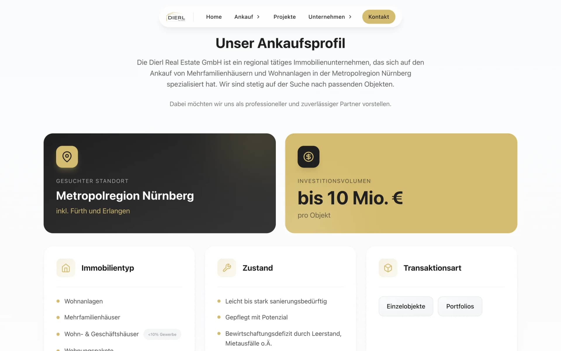 Ankaufprofil auf der Website von Dierl Real Estate