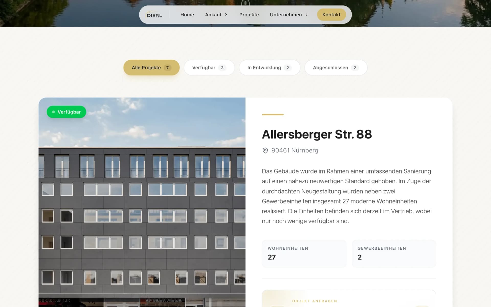Projektübersicht mit Filter auf der Website von Dierl Real Estate