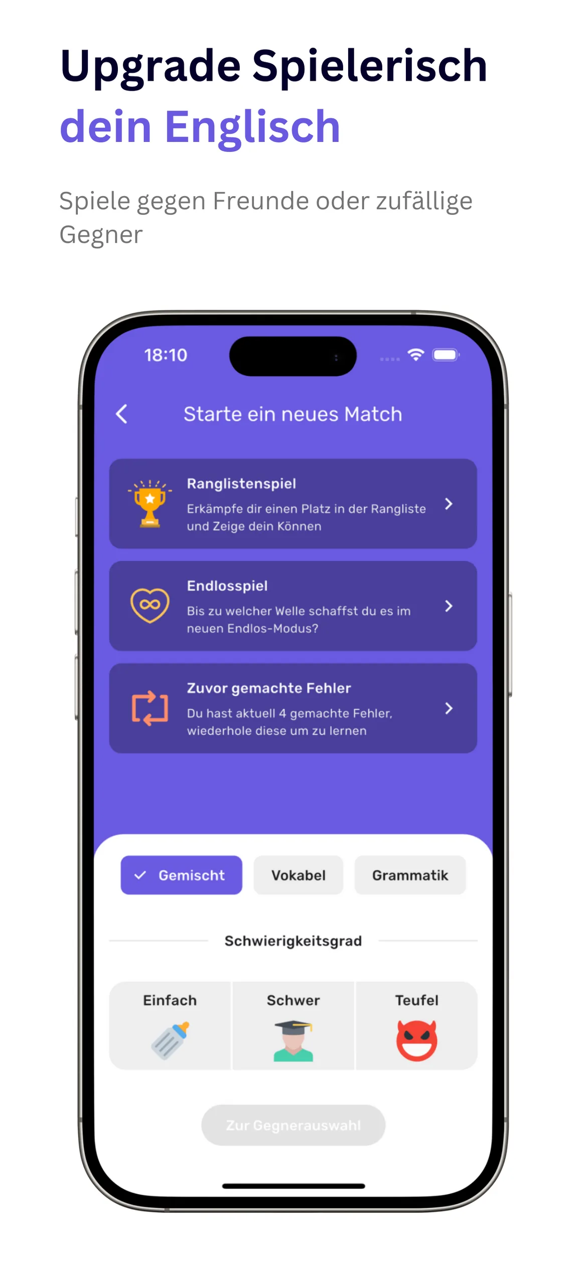 Englisch Wars App: Neues Match starten, mit Ranglistenspiel, Endlosspiel und Fehler-Training