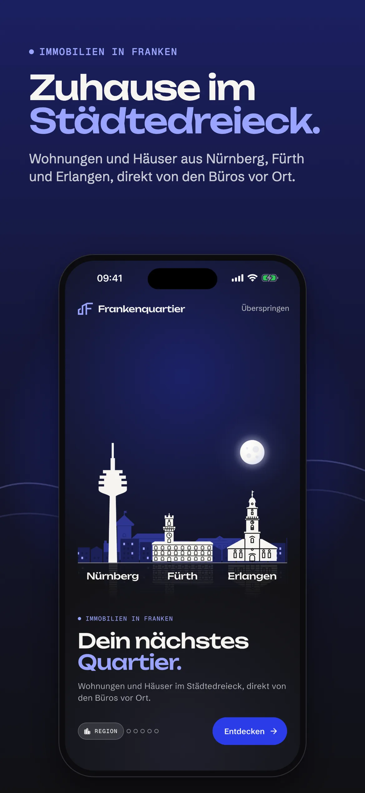 Frankenquartier App: Startbildschirm mit der Silhouette von Nürnberg, Fürth und Erlangen
