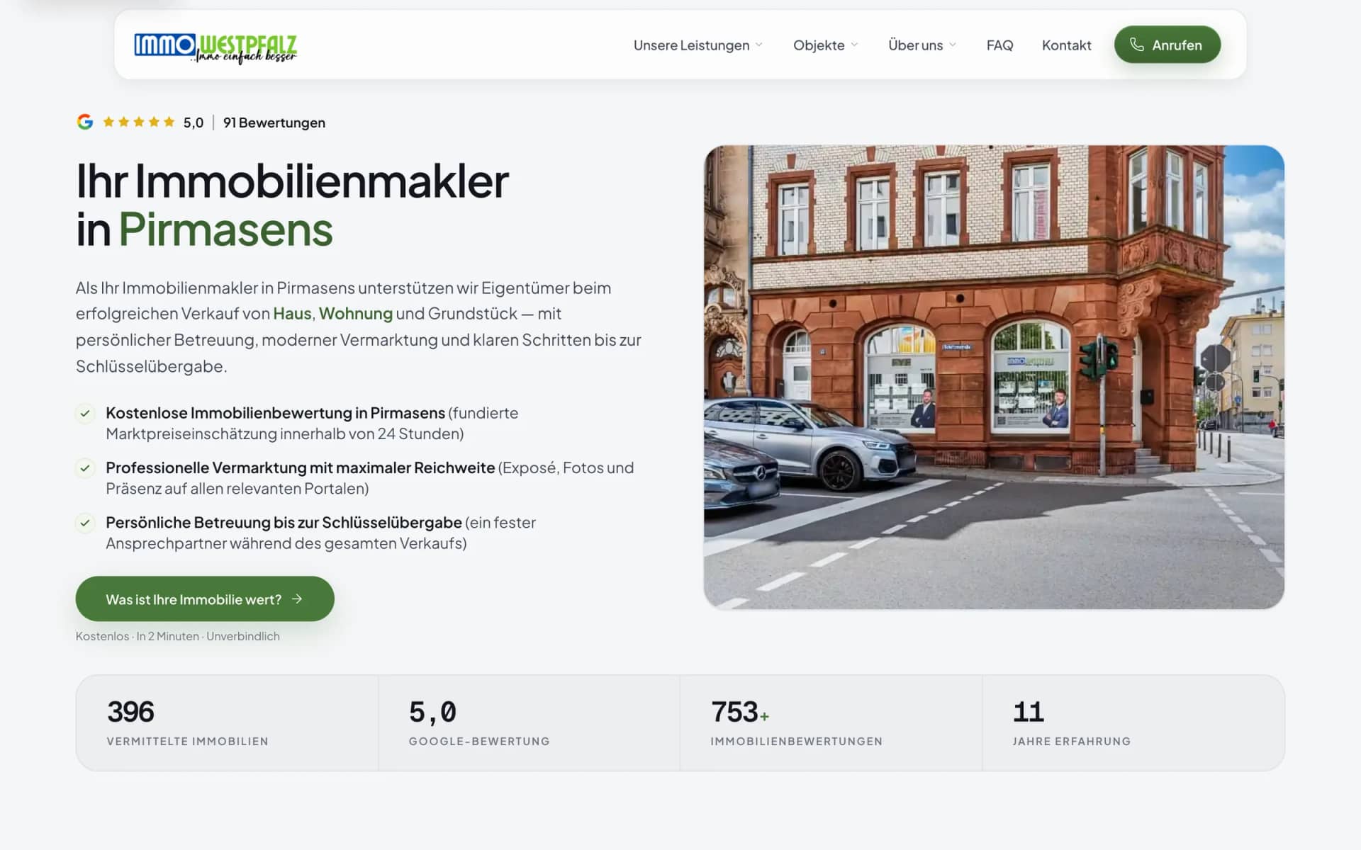 Startseite der Website von Immowestpfalz aus Pirmasens