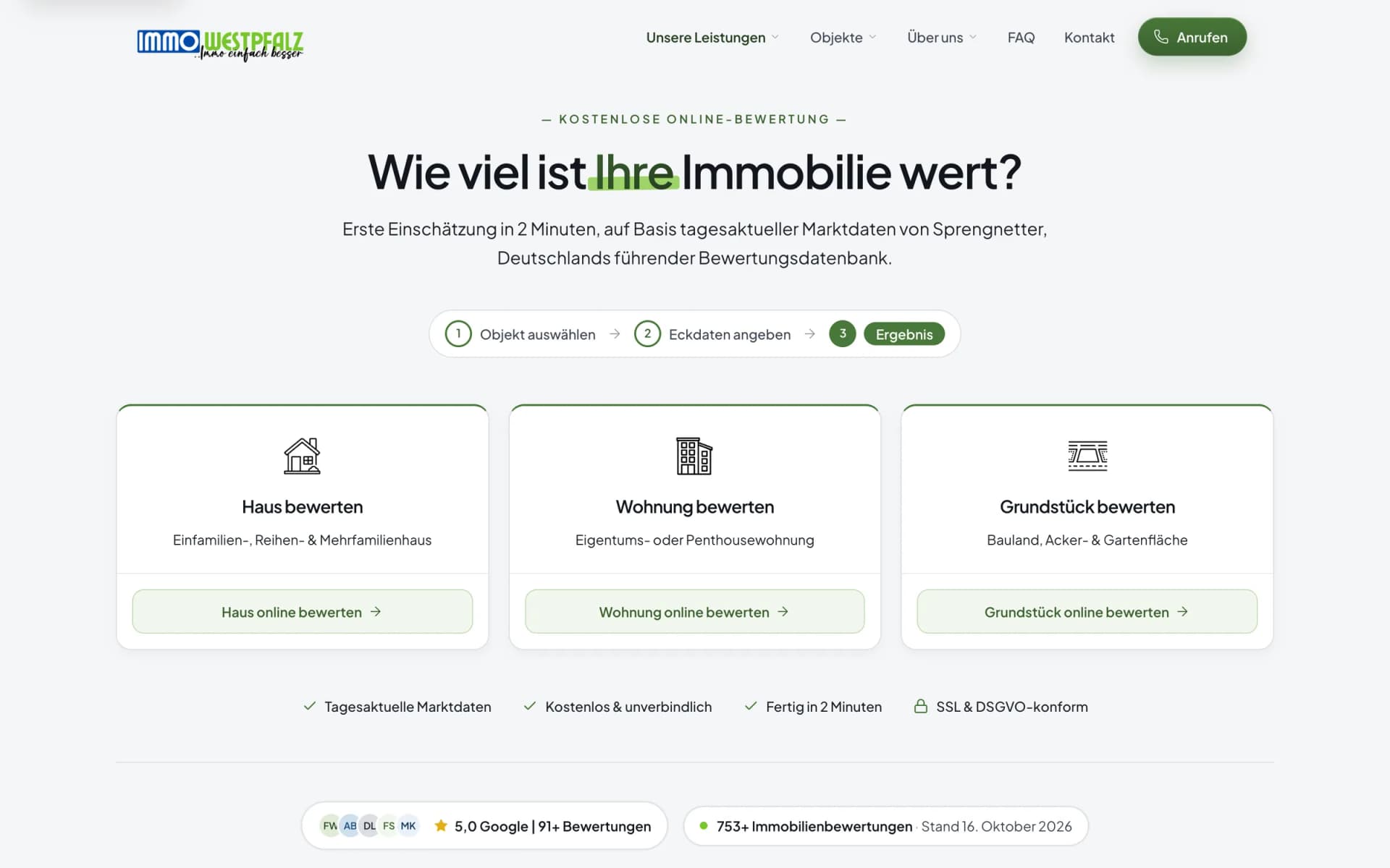 Online-Immobilienbewertung auf der Website von Immowestpfalz