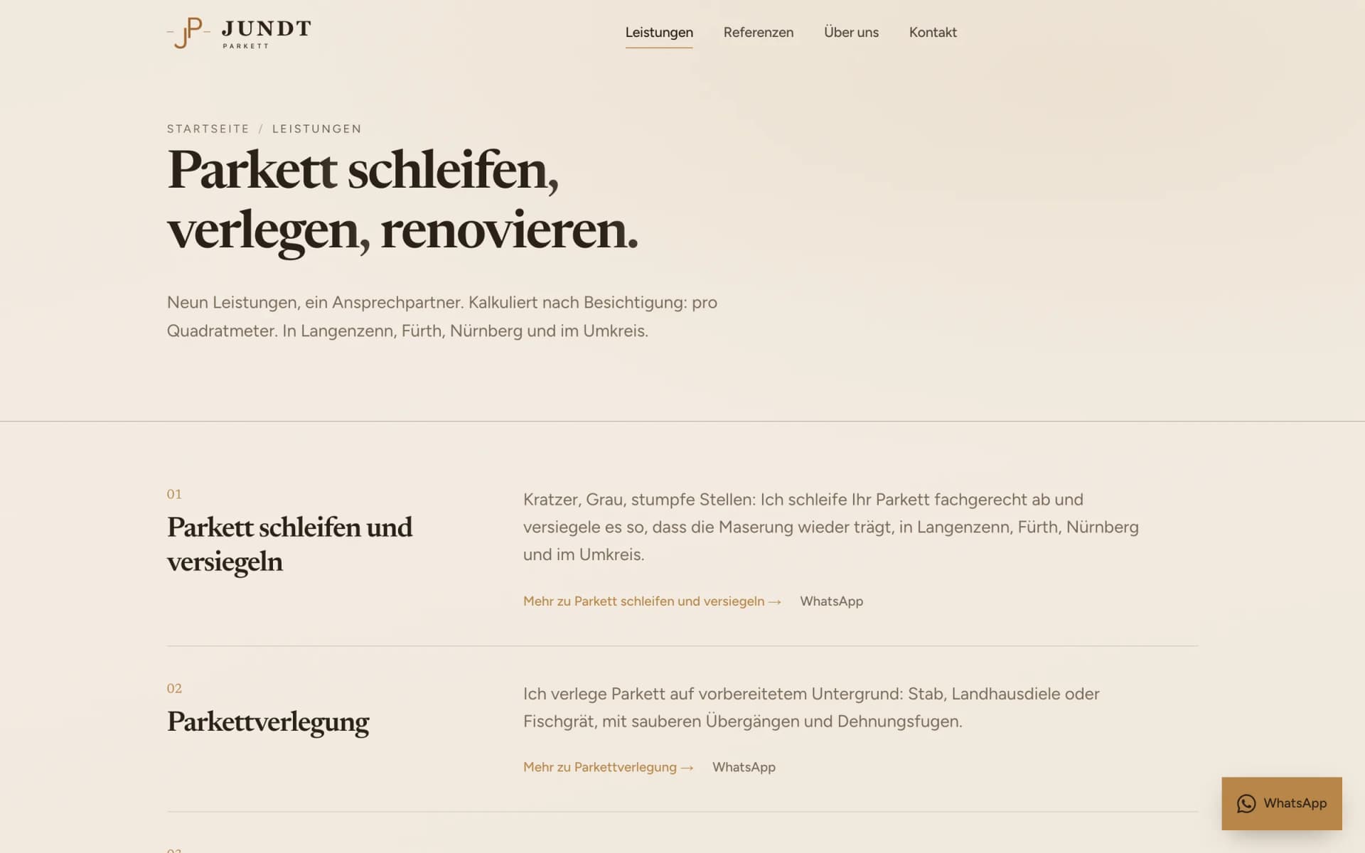 Leistungsübersicht auf der Website von Jundt Parkett
