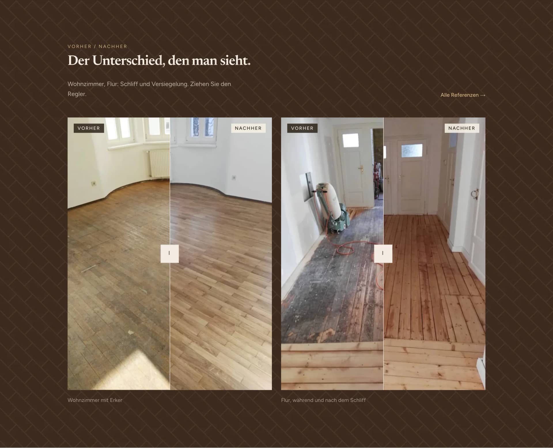 Vorher-Nachher-Vergleich auf der Website von Jundt Parkett
