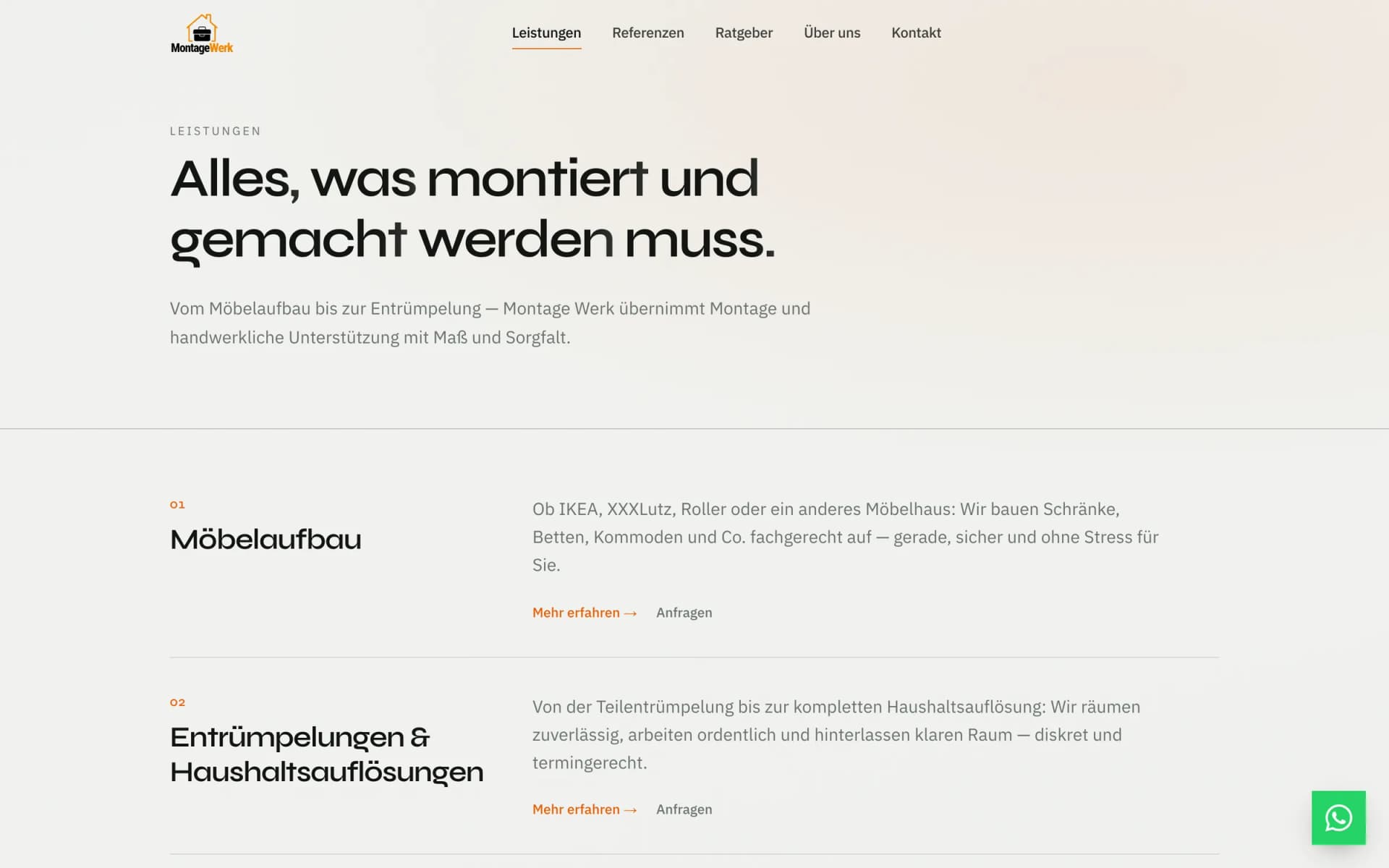 Leistungsübersicht der Montagewerk-Website