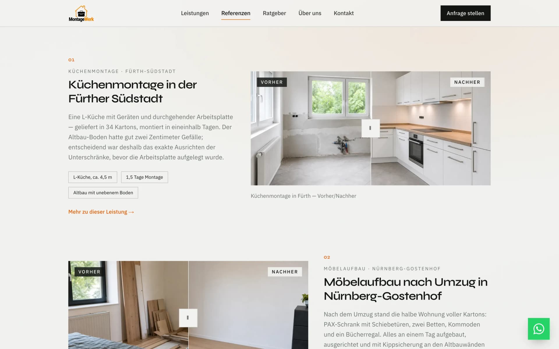 Vorher-Nachher-Bilder auf der Montagewerk-Website