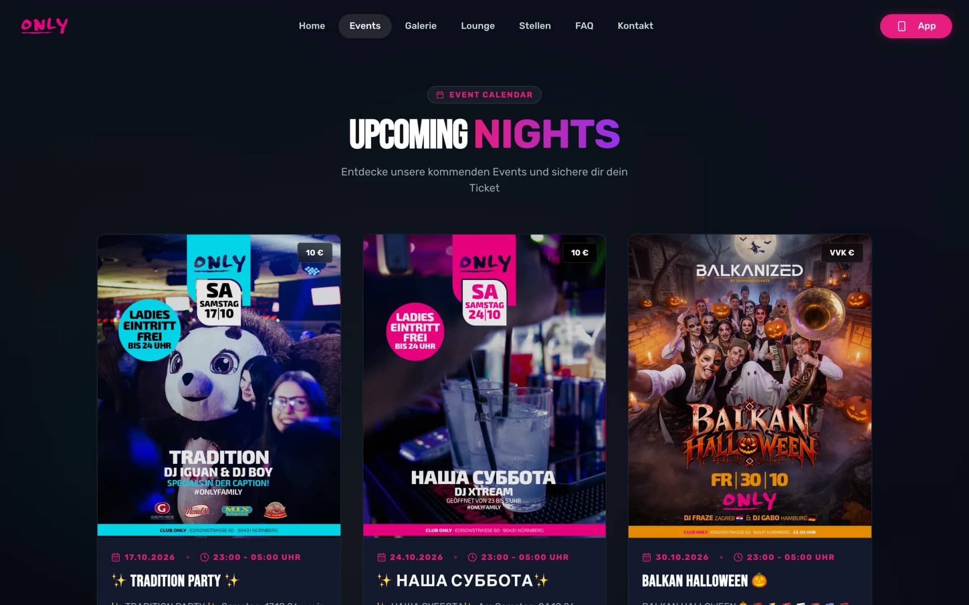 Kommende Events auf der Website von Only Nürnberg