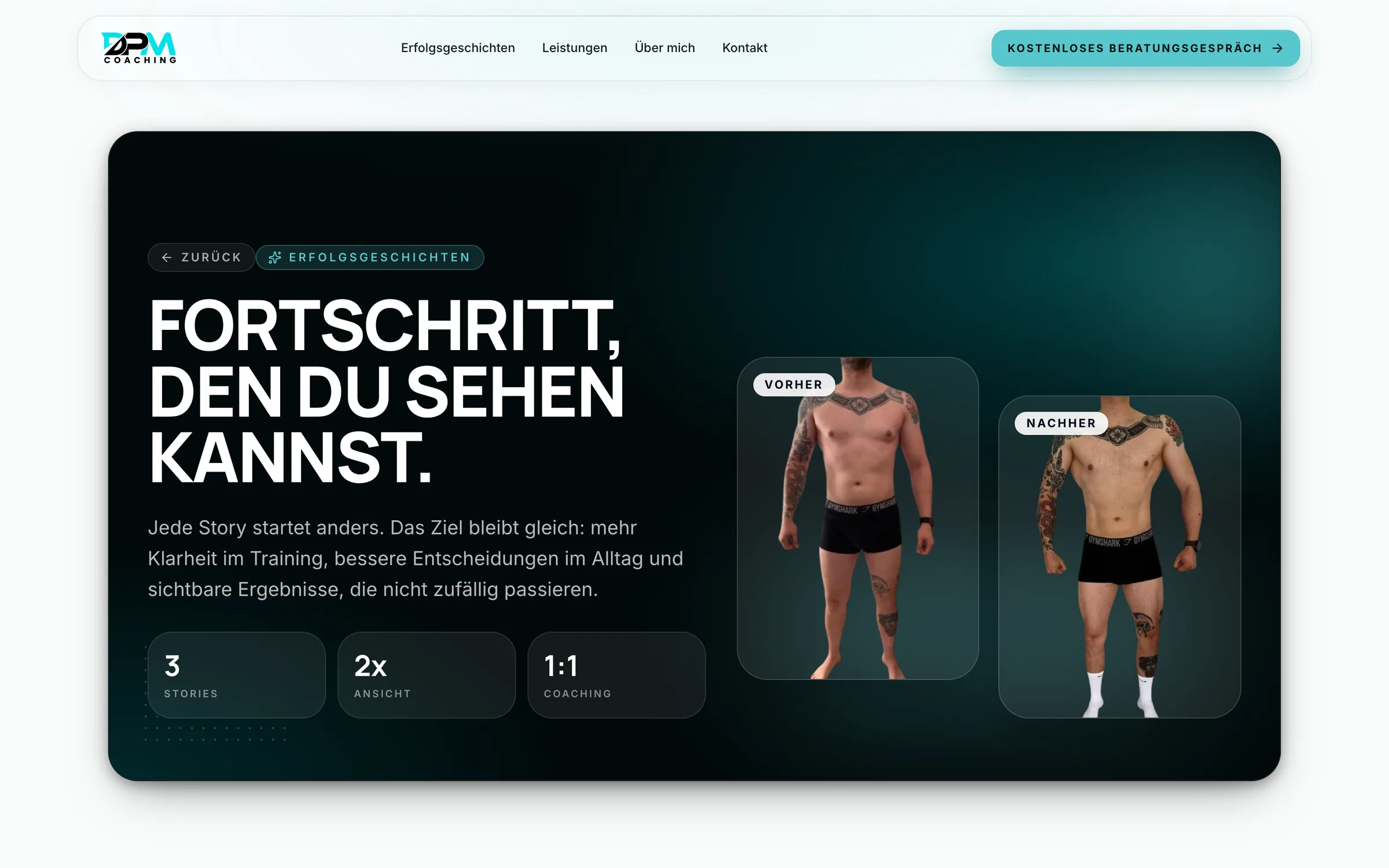 Erfolgsgeschichten mit Vorher-Nachher-Bildern auf der Website von Personal Trainer Fürth