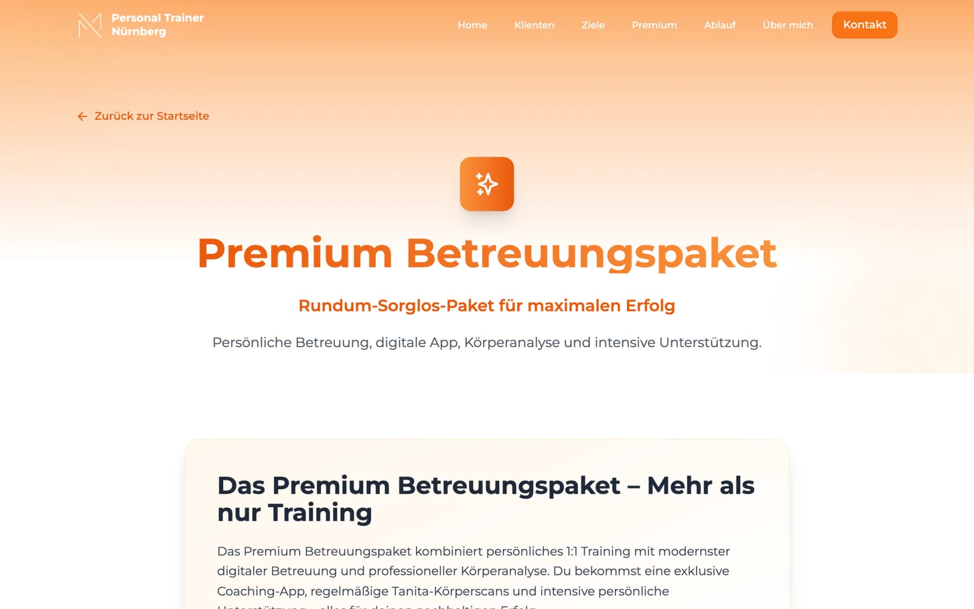 Seite zum Premium-Betreuungspaket auf der Website von Personal Trainer Nürnberg